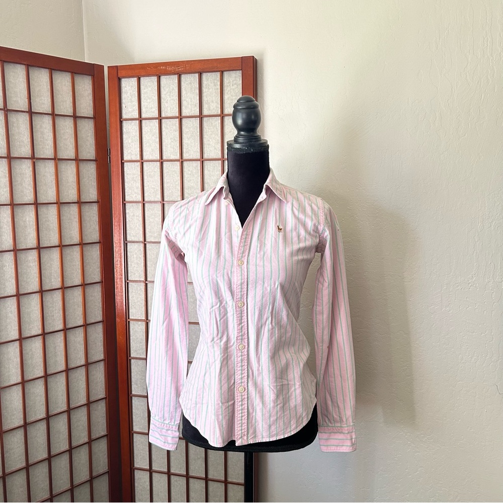 Y2K 100% Cotton Pink and Mint Striped Ralph Lauren Button Up